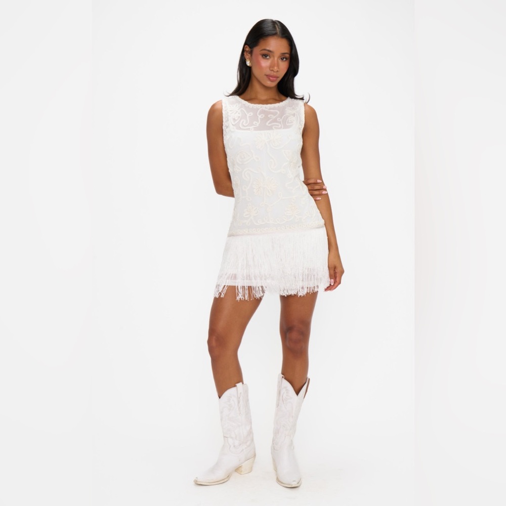 Show Me Your MuMu White Sleeveless Fringe Mini Dress